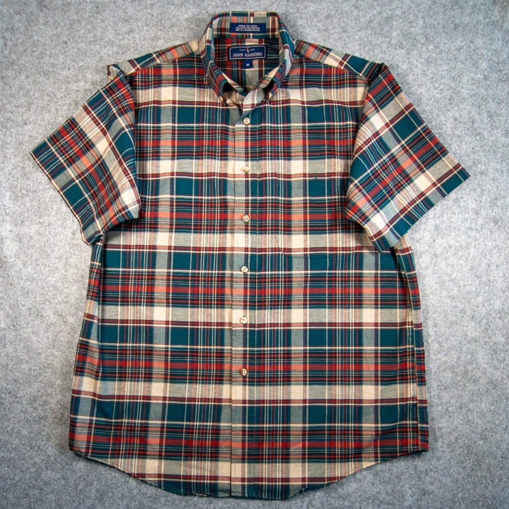 John Ashford Men's Wrinkle Free Oxford Plaid Button Down Short Sleeve Shirt Sz M